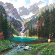 Puzzle  Sunsout-52982 Mark Keathley - Elk at the Waterfall
