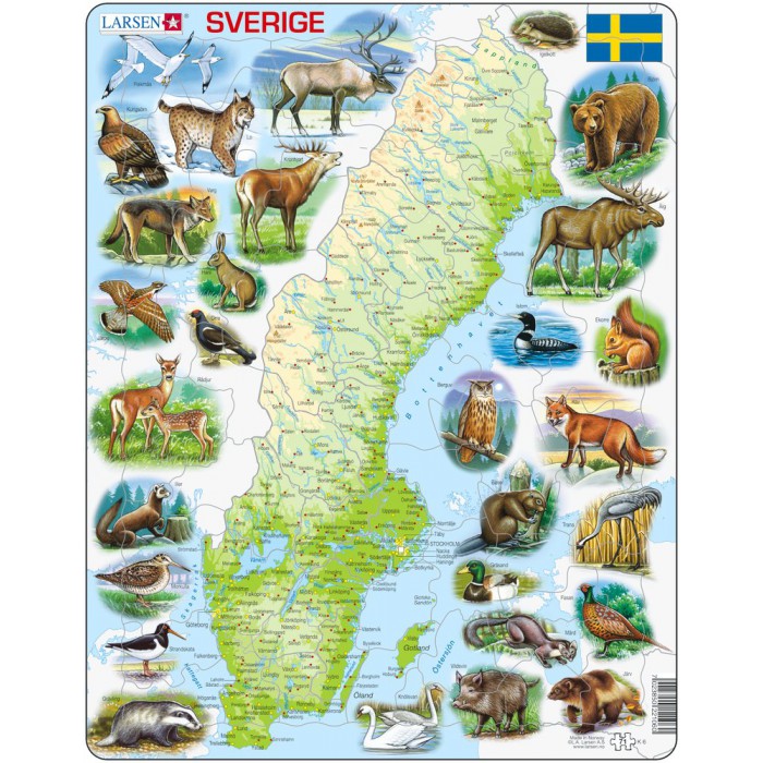 Larsen-K6-SE Puzzle Cadre - Carte de la Suède et ses Animaux (en Suédois)