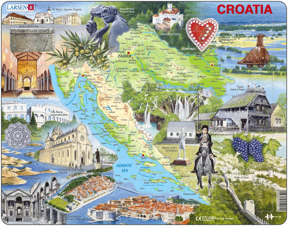Puzzle Cadre - Carte de la Croatie et ses Centre d'intérêts (en Anglais) -  65 pièces LARSEN