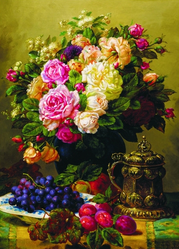 Puzzle Gold-Puzzle-60904 Jean-Baptiste Robie : Still Life with Roses, Grapes and Plums