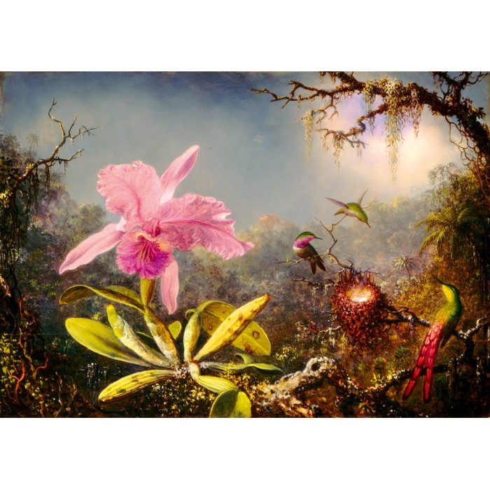 Puzzle  Art-by-Bluebird-60097 Martin Johnson Heade - Cattleya Orchid and Three Hummingbirds, 1871
