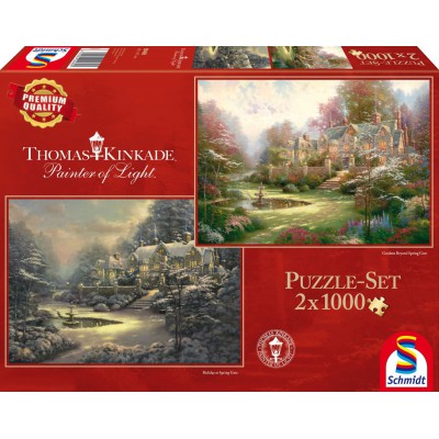 Schmidt-Spiele-59469 2 Puzzles - Thomas Kinkade: Cottage en Hiver et en Eté